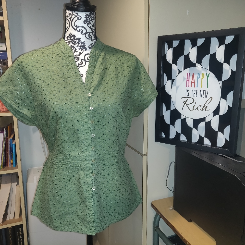 EUC Olive Linen Eyelet Belted Short Sleeve Blouse